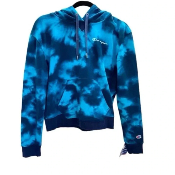 Champion Women's Blue Tie Dye French Terry Hoodie with Chest Logo Size S NWT - Picture 1 of 10